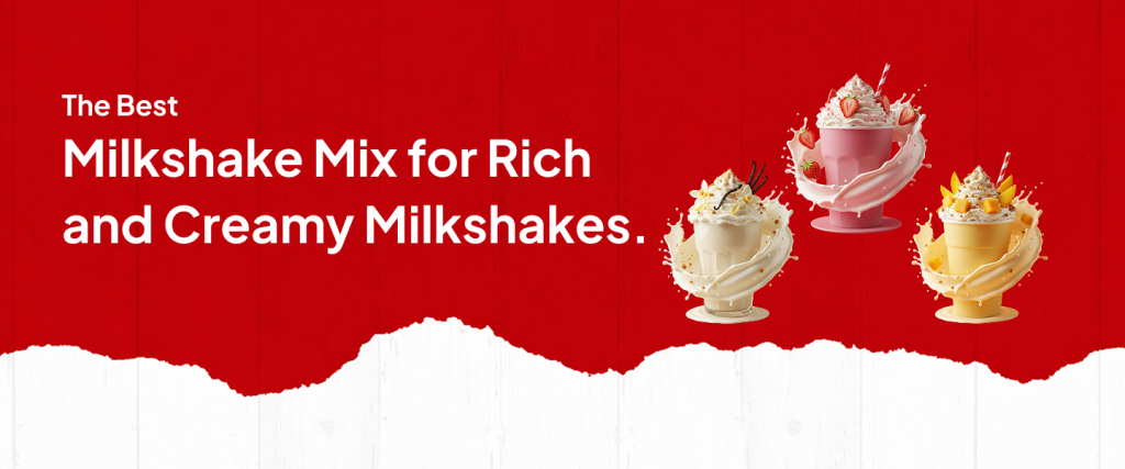 Tiger Foods rich and creamy milkshake mix banner featuring vanilla, strawberry, and mango milkshakes for making café-style milkshakes at home.