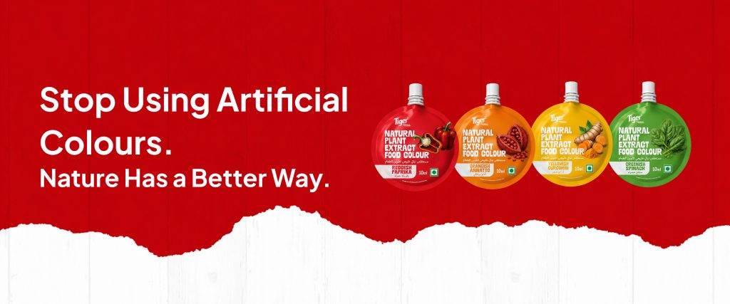 Tiger Foods Natural Plant Extract Food Colours promoting a healthier alternative to artificial food colours with red, orange, yellow, and green natural colour variants.